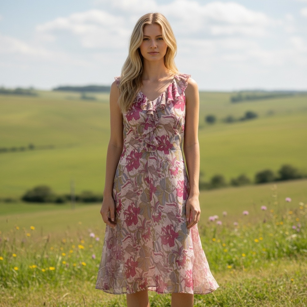Vintage 90s Katharine Hamnett London Floral Chiffon Ruffle Dress